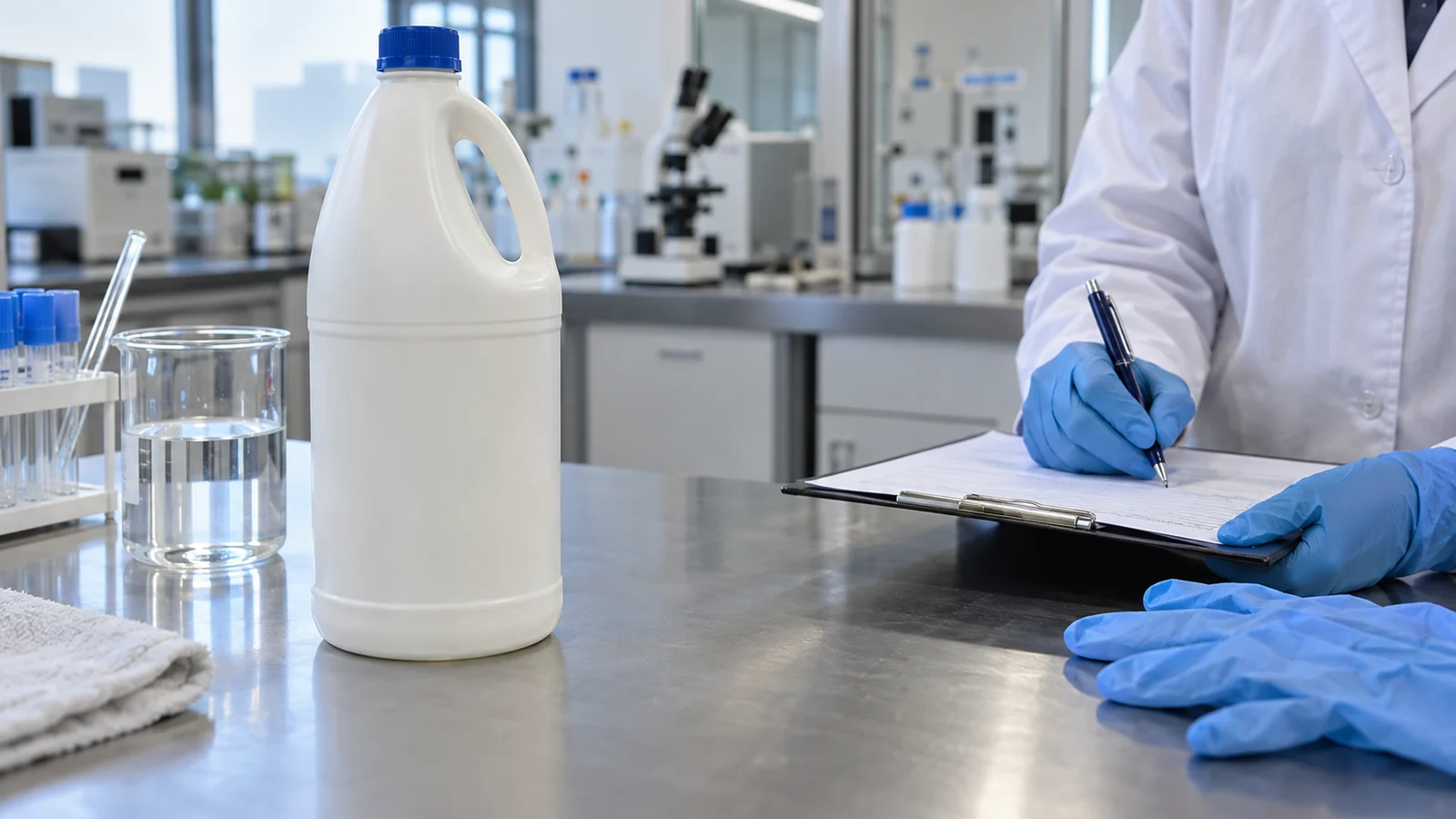 Envase genérico de lavandina sometido a un control en un laboratorio
