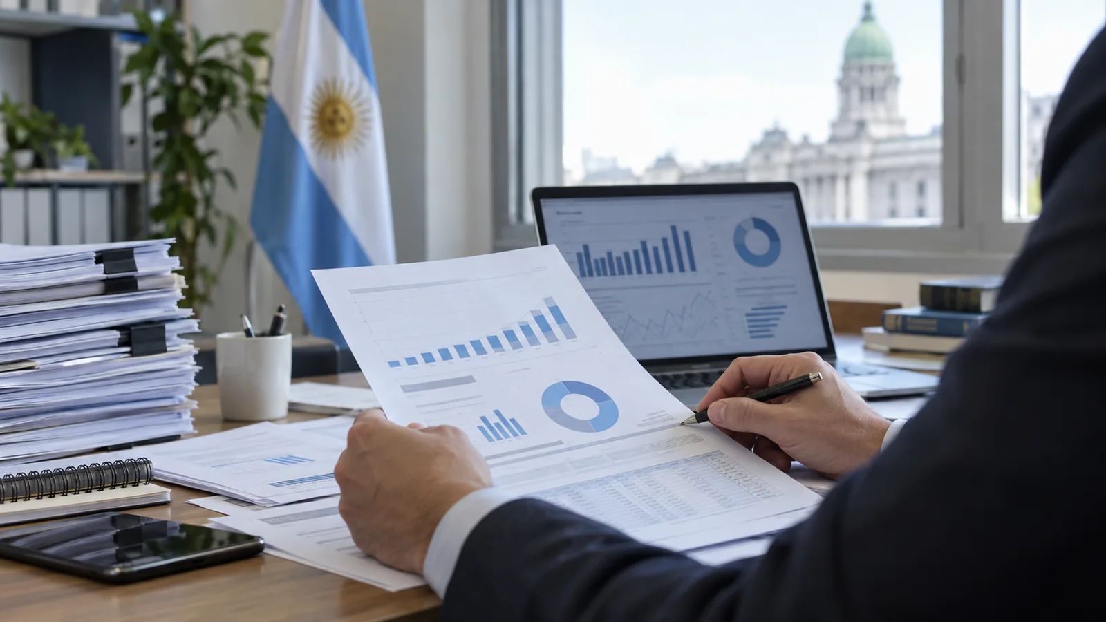 Una analista revisa planillas y gráficos de ingresos y gastos públicos sobre una mesa de trabajo