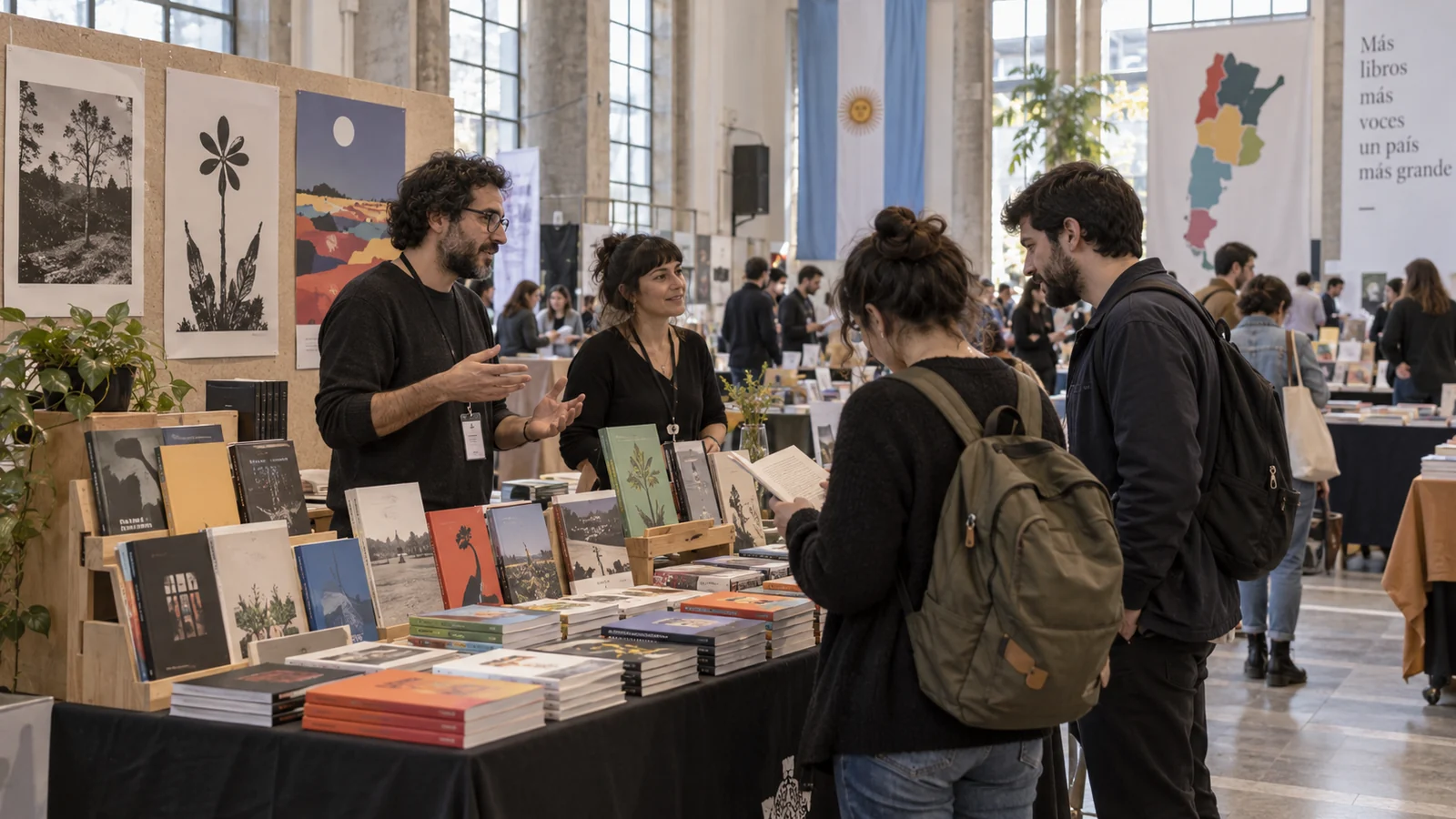 Editores y visitantes conversan frente a un puesto de libros en una feria independiente
